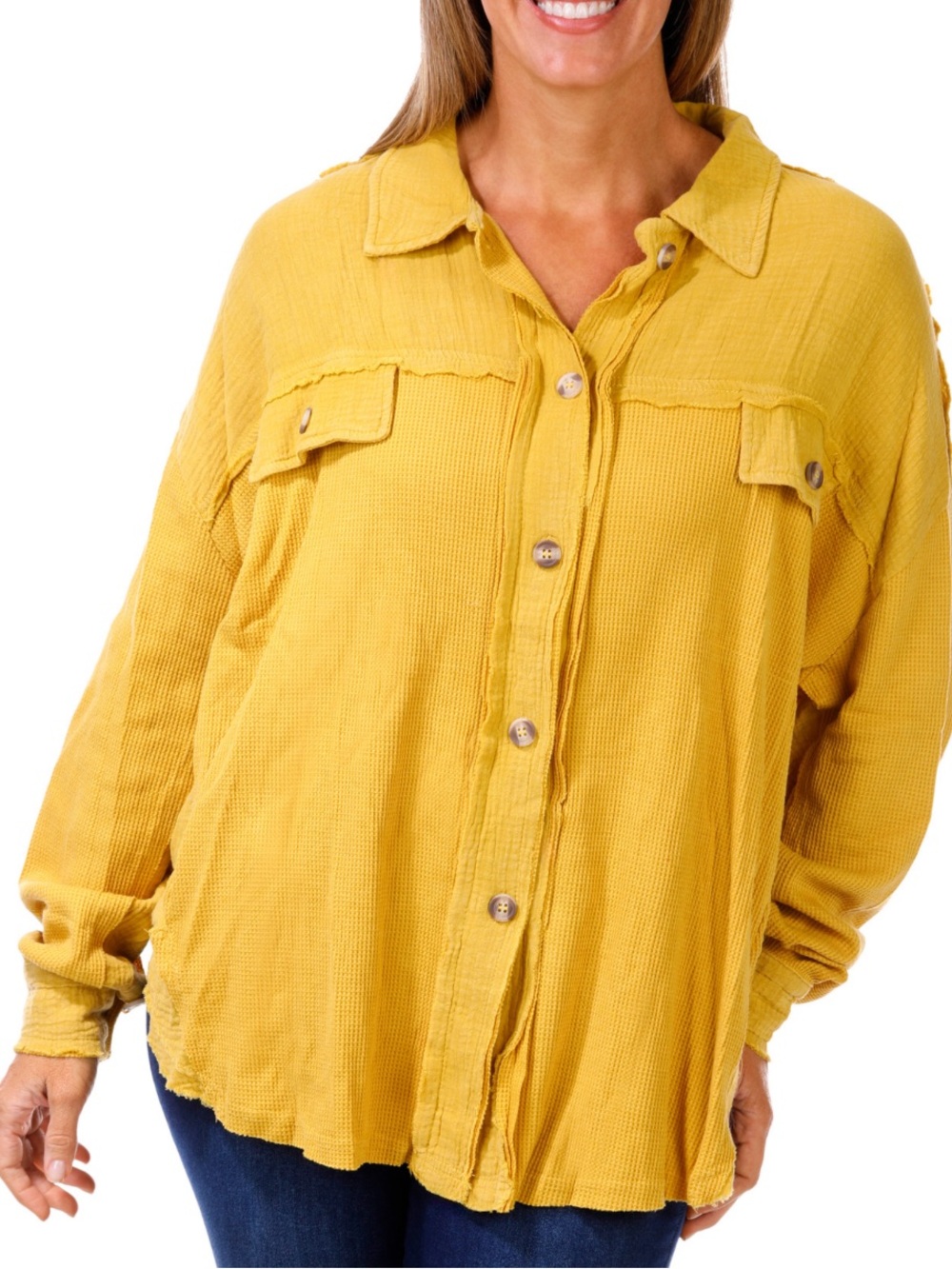 NWT Peach Love California Mustard Button oversized Blouse Sizes S & L